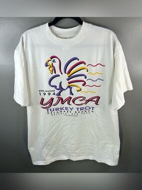 Vintage 90s 1994 YMCA Buffalo Turkey Trot White Single Stitch Shirt Size Large